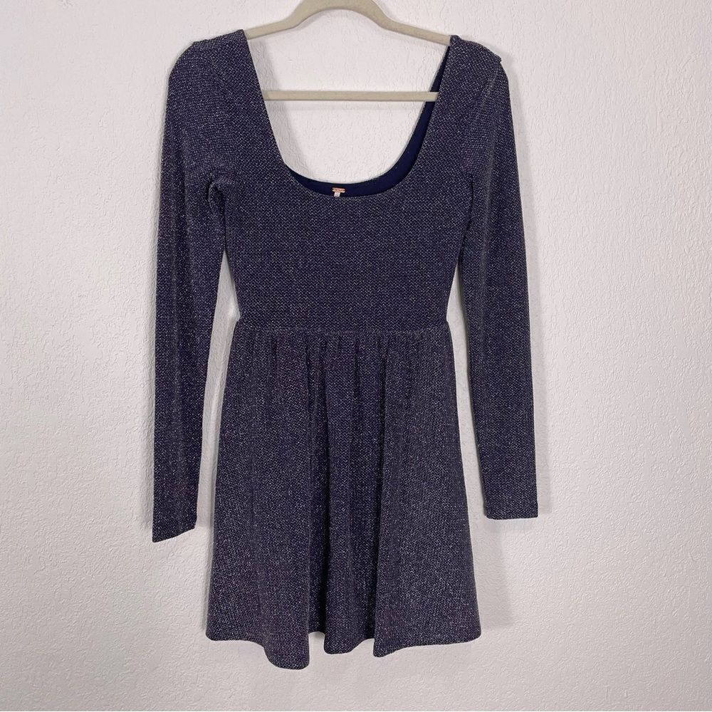 Free People Purple with Silver Sparkle Patterned‎ Long Sleeve Fit & Flare Dress